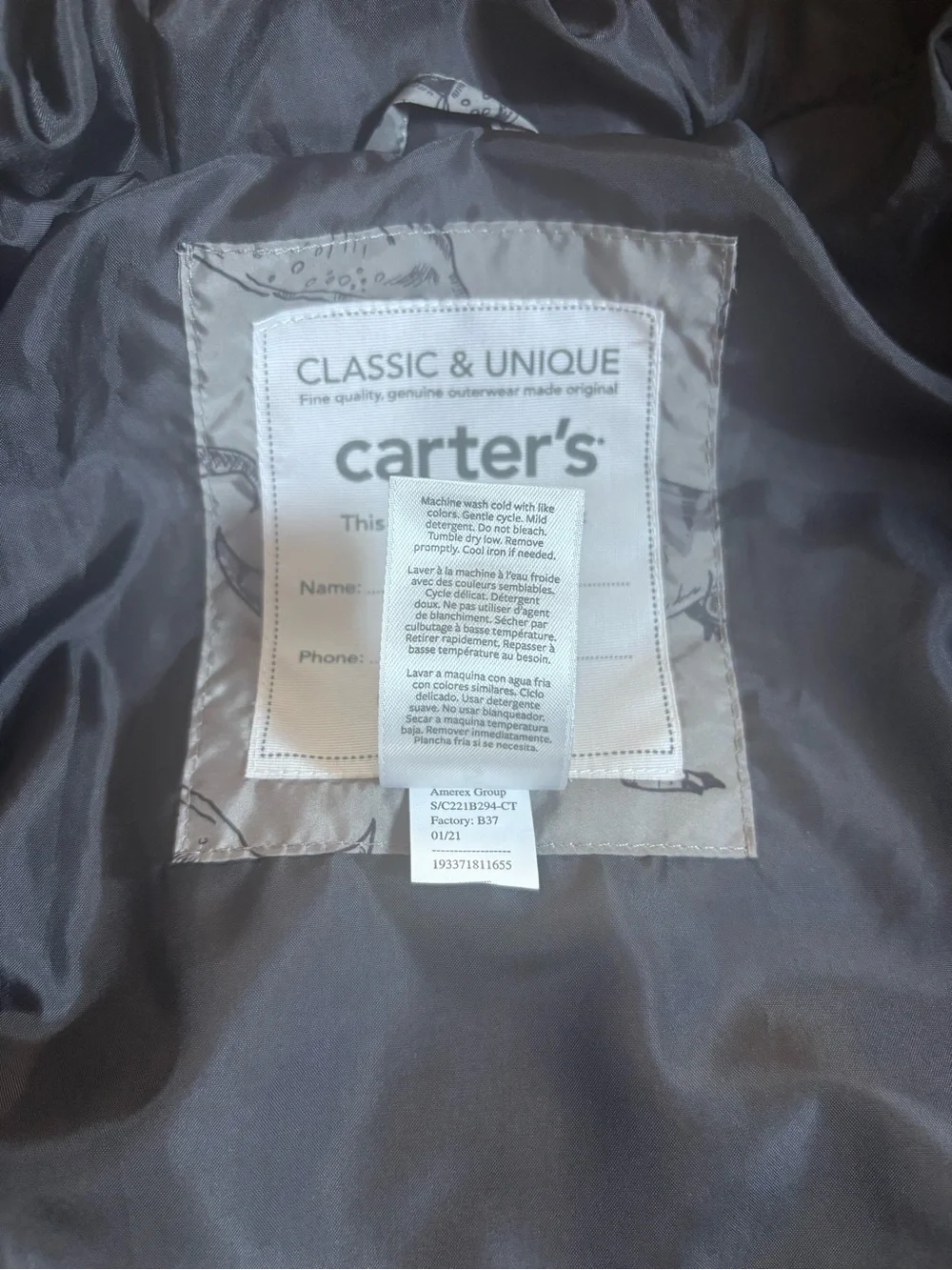 CARTER’S Dinosaur Packable Puffer Jacket
